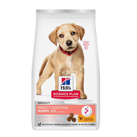 Science Plan Puppy Perfect Digestion Stor Rase Med Kylling Og Brun Ris - 12 KG
